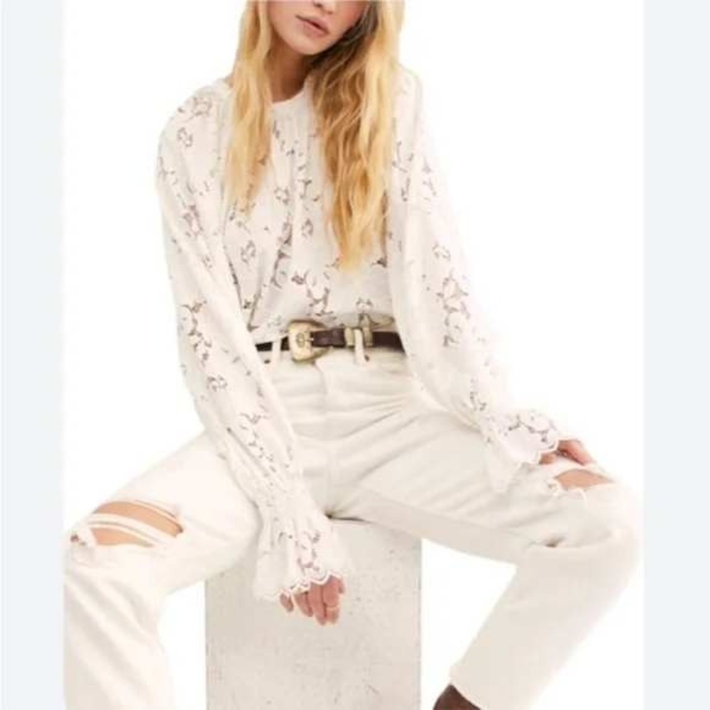 Free People Olivia Lace Blouse Long Sleeve Top Romantic Boho Cream Size S W/Flaw